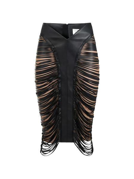 Elisabetta Franchi Fringed V-shaped Leather Midi Skirt - Black 