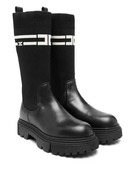  Elisabetta Franchi Kids Rib Knit-panel Leather Boots - Black 