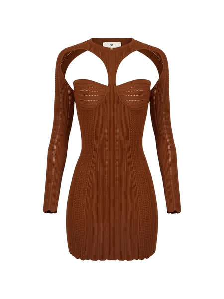  Elisabetta Franchi Openwork Shrug Knit Mini Dress - Brown 