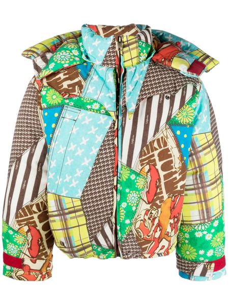  Erl Patchwork-pattern Padded Hooded Jacket - Blue 