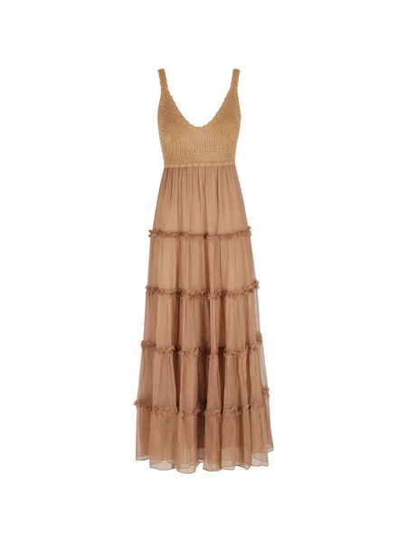  Ermanno Firenze Crocheted Ruffled Midi Dress - Brown 