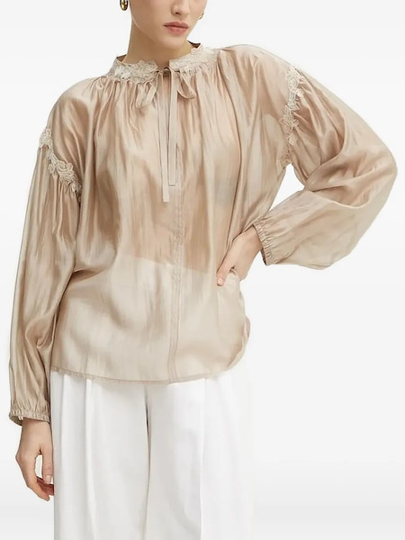  Ermanno Firenze Lace-trimmed Tie-neck Top - Neutrals 