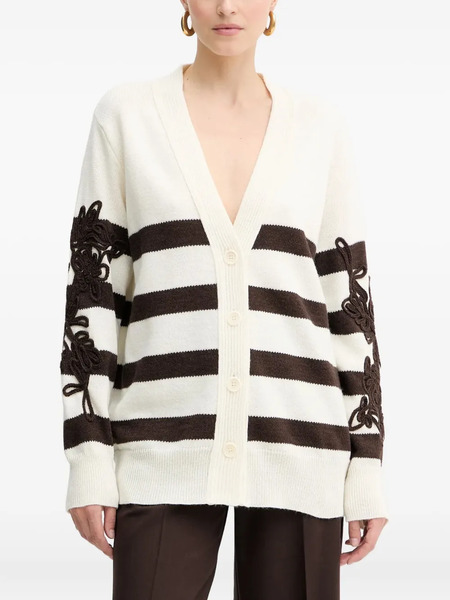  Ermanno Firenze Striped-pattern Floral-appliqué Cardigan - Neutrals 