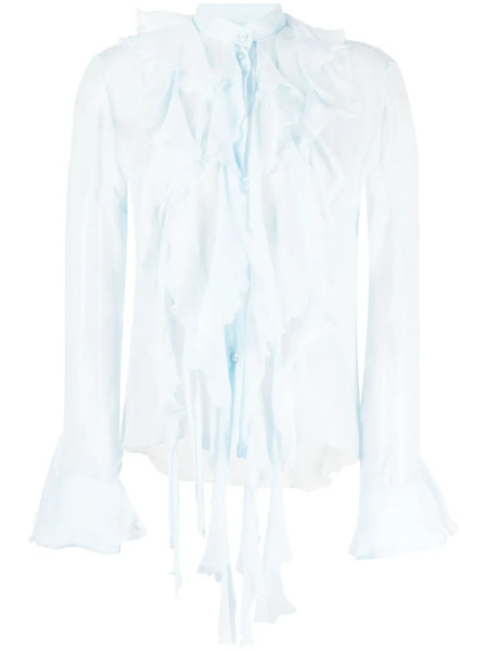  Ermanno Scervino Ruffled Sheer Silk Shirt - Blue 