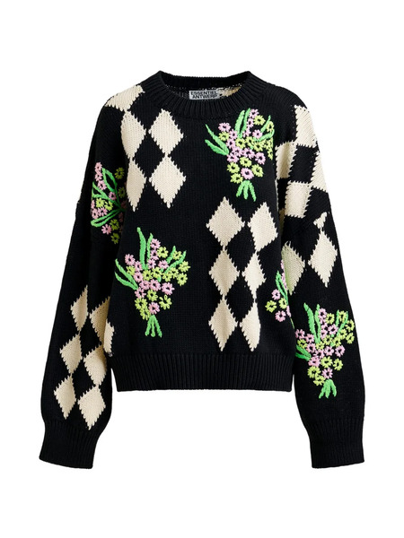  Essentiel Antwerp Floral-embellished Check-pattern Sweater - Black 