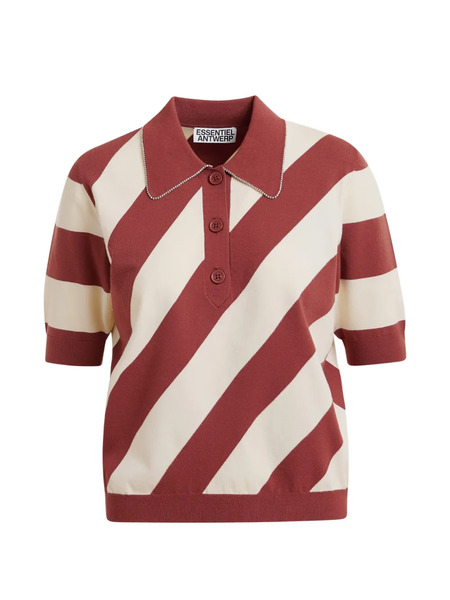  Essentiel Antwerp Striped Rhinestone Polo Top - Red 
