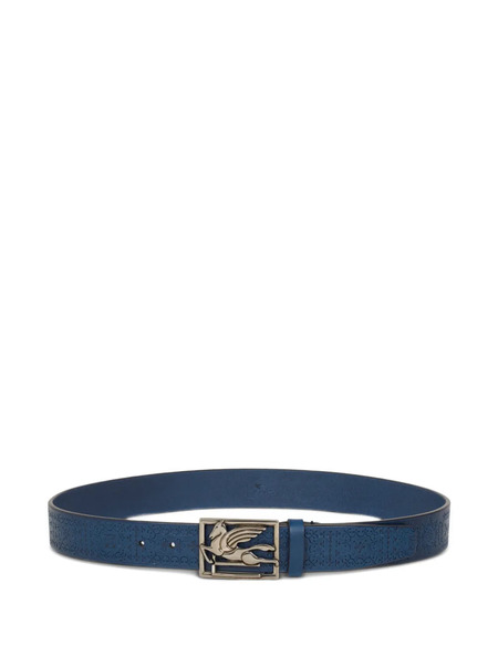  Etro Etched-embellishment Pegaso-buckle Leather Belt - Blue 