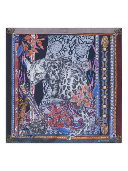  Etro Leopard Print Silk Pocket Square - Blue 