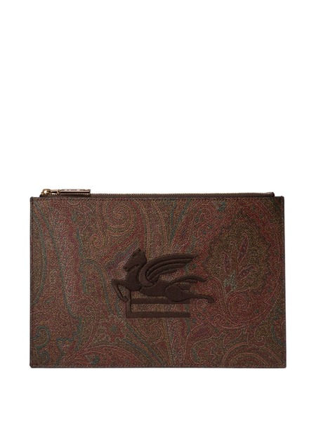  Etro Logo Embroidered Clutch Bag - Brown 