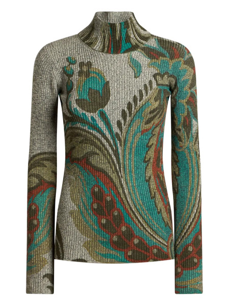  Etro Ribbed Paisley-print Turtleneck Sweater - Grey 
