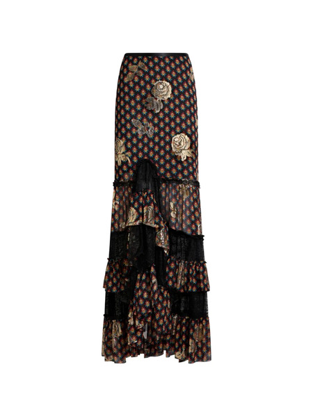  Etro Roses-pattern Lace Asymmetric Skirt - Black 