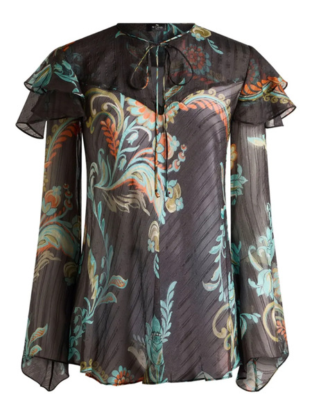  Etro Ruffled Floral Print Blouse - Black 