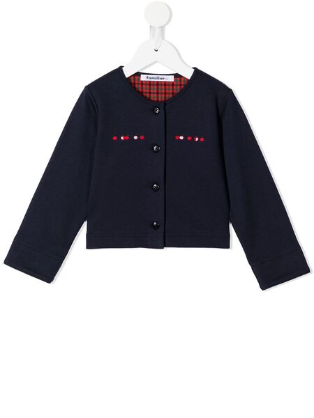  Familiar Embroidered-motif Cotton Cardigan - Blue 