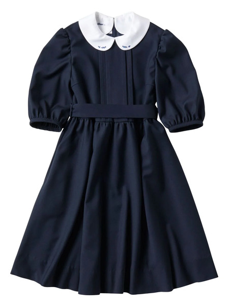  Familiar Floral-embroidered Belted Dress - Blue 