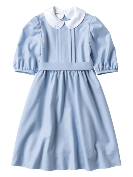  Familiar Floral-embroidered Belted Dress - Blue 