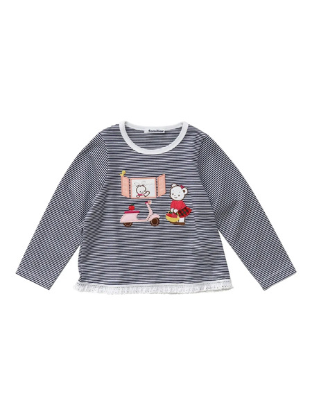  Familiar Striped Appliqué T-shirt - Grey 