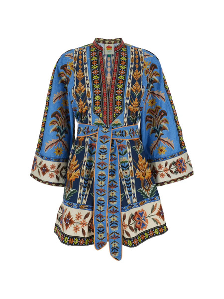  Farm Rio Embroidered Tapestry V-neck Mini Dress - Blue 