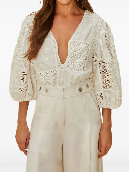  Farm Rio Eyelet-details Puff-sleeve Bodysuit - White 