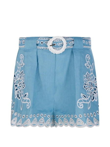  Farm Rio Floral-embroidered Belted Shorts - Blue 