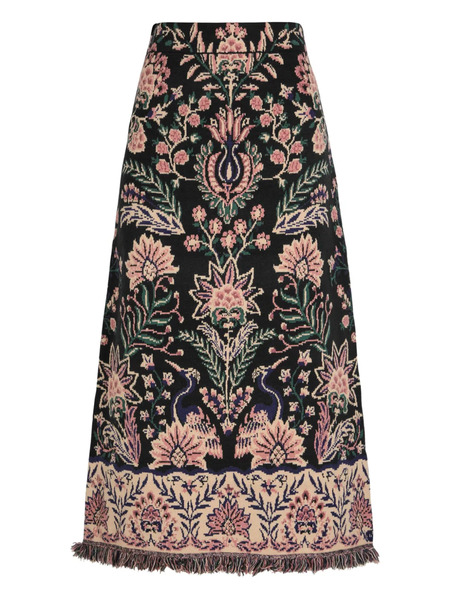  Farm Rio Floral-print Fringed-trim Midi Skirt - Black 