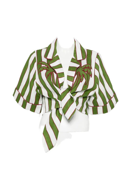  Farm Rio Striped Short-sleeve Cropped Blouse - Green 