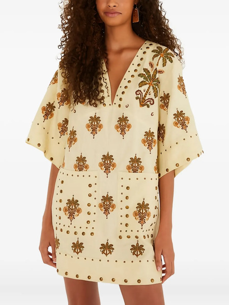  Farm Rio Studded Palm-print Mini Dress - Neutrals 