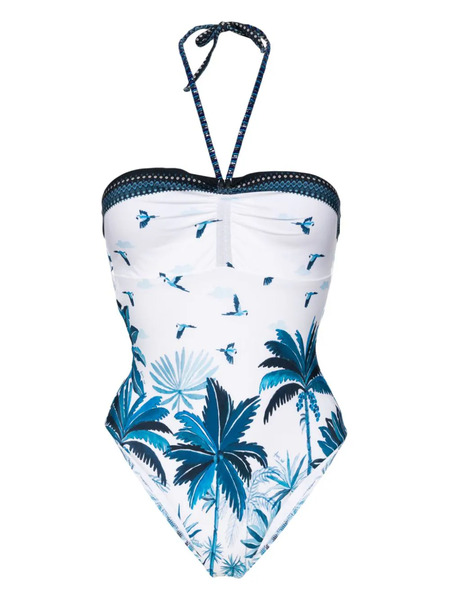  Farm Rio Tropical-print Halterneck Swimsuit - Blue 