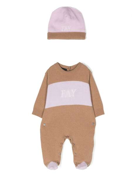  Fay Kids Intarsia-logo Pajama And Beanie Set - Neutrals 