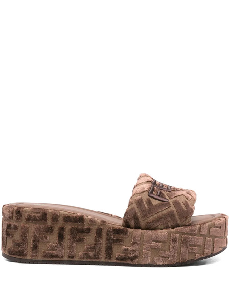  Fendi Ff Logo Platform Slides - Neutrals 