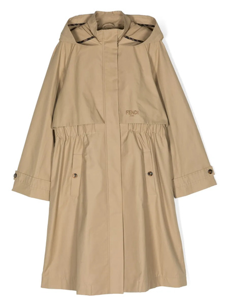  Fendi Kids Logo-embroidered Hooded Trench Coat - Brown 