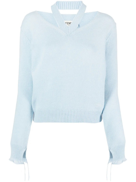  Fendi Logo-embroidered Cut-out Fine-knit Jumper - Blue 