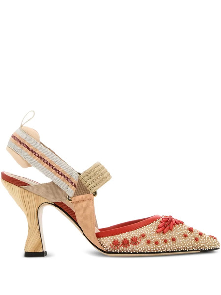 Fendi 85mm Colibrì Beaded Slingback Pumps - Neutrals 