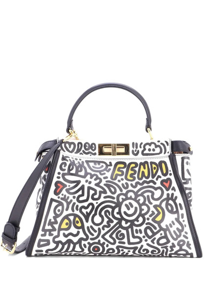  Fendi Pre-owned X Mr. Doodle Peekaboo Iconic Bag Printed Leather Regular Satchel - Black 
