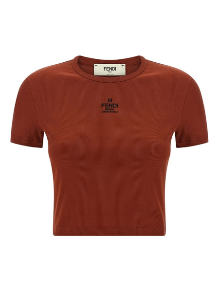  Fendi Ribbed Logo Embroidery Top - Brown 
