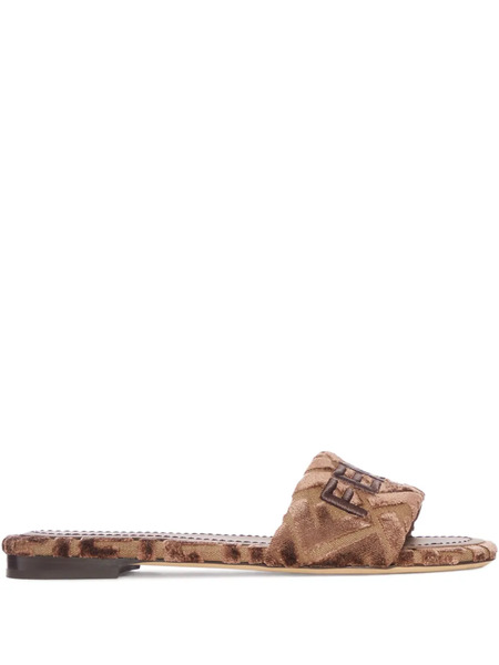  Fendi Sunshine Logo-embroidered Velvet Flat Sandals - Brown 