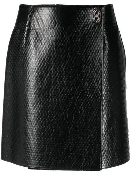  Ferragamo Embossed Wrap Leather Skirt - Black 