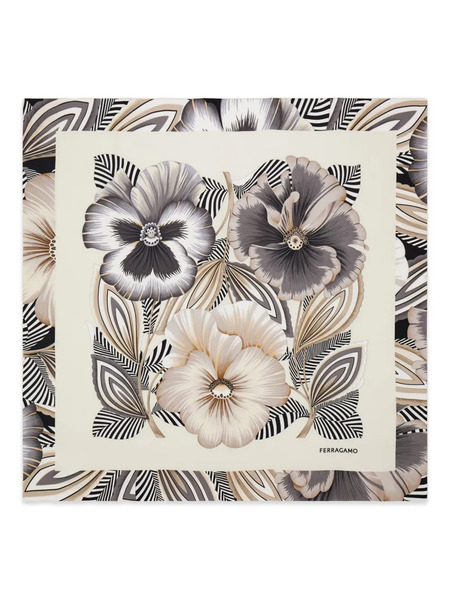  Ferragamo Floral Print Silk Scarf - Neutrals 