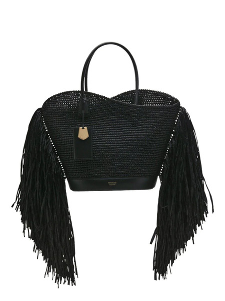  Ferragamo Fringed Raffia Tote Bag - Black 