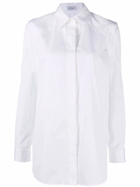  Ferragamo Long-sleeve Cotton Shirt - White 