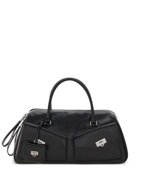  Ferragamo Medium Leather Flap-pockets Tote Bag - Black 