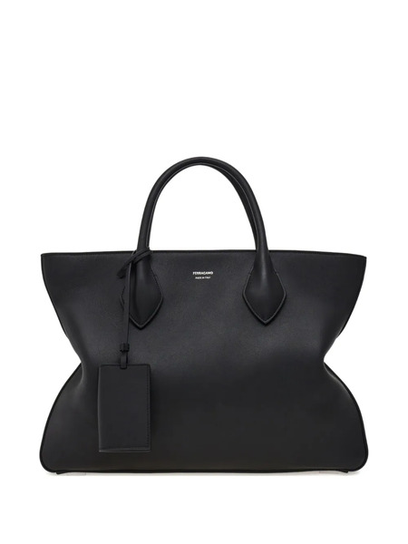  Ferragamo Monogram Structured Leather Tote Bag - Black 