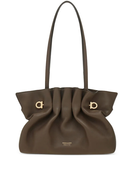  Ferragamo Soft Ruched Leather Tote Bag - Brown 