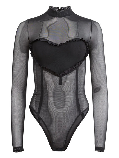  Fleur Du Mal Mesh Ruffle Heart Bodysuit - Black 