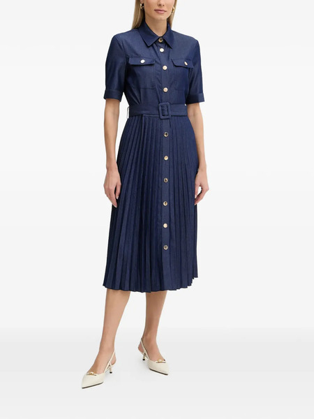  Fracomina Pleated Belted Midi Dress - Blue 