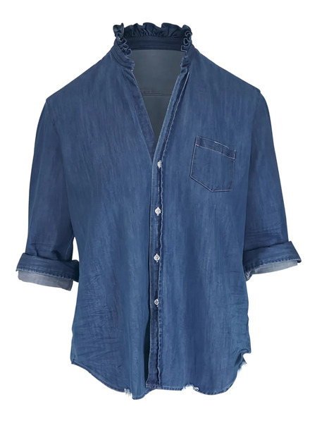  Frank & Eileen Ruffled Denim Shirt - Blue 