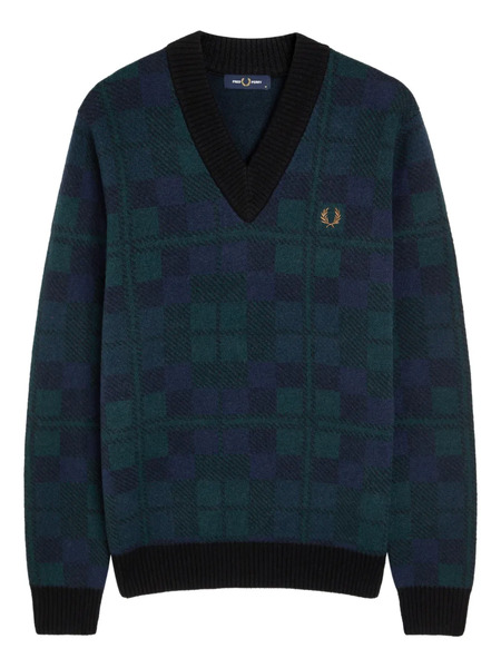  Fred Perry Tartan V-neck Sweater - Blue 