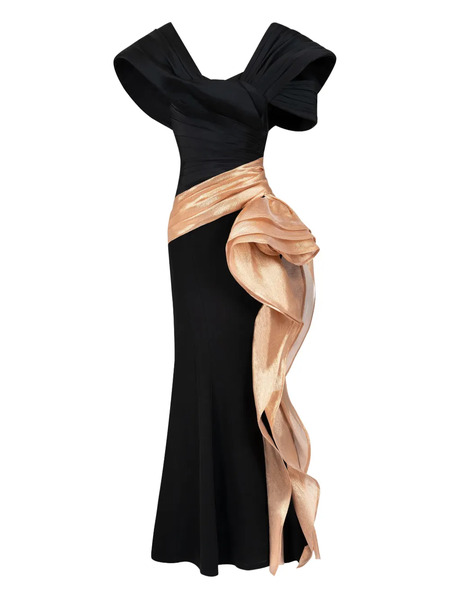  Gaby Charbachy Pleated-panel Draped-hem Evening Gown - Black 