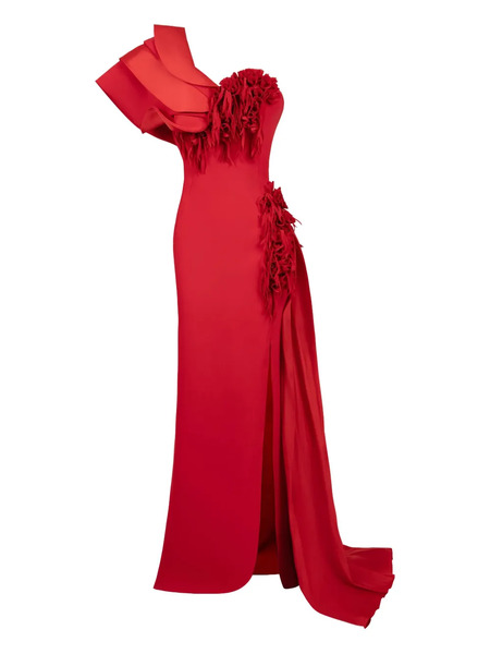  Gaby Charbachy Ruffle-detail Side-split Evening Gown - Red 