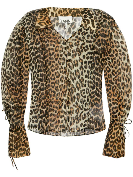  Ganni Animal-print Long-sleeve Blouse - Neutrals 