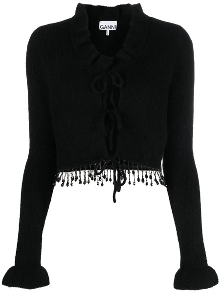  Ganni Beaded Fringe Knitted Cardigan - Black 